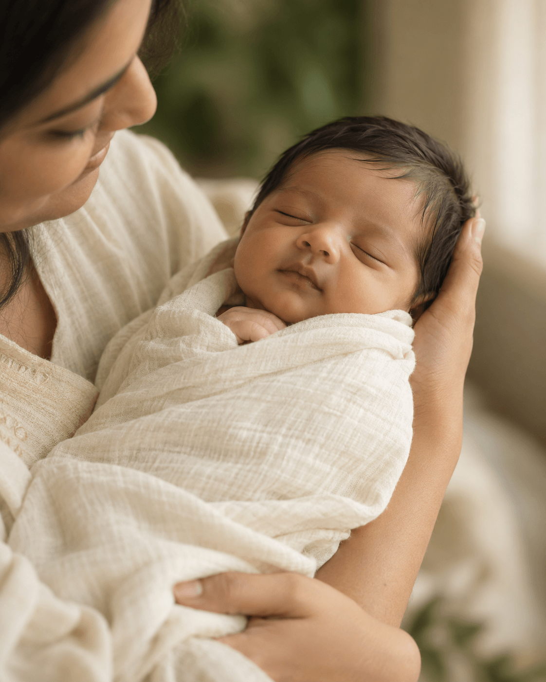 A sleeping newborn wrapped in ivory muslin, tenderly cradled by a parent
